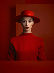 Image showing Portrait, fashion and space with a woman in red on a studio background for marketing, advertising or branding. Reverse, style or a trendy young female person standing with empty or blank mockup
