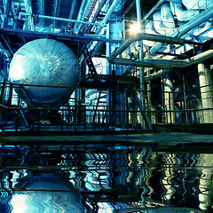 Image showing Pipes, tubes, machinery and steam turbine at a power plant