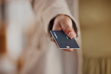 Image showing Businesswoman, giving or hand with credit card for finance or payment for shopping or capital investment. Retail closeup, offer or customer in commerce for banking or trade exchange for sales economy