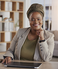 Image showing African woman, working in business and portrait with a smile in office or lawyer in corporate company with legal advice. Happy, success and confidence of attorney in meeting or employee at desk