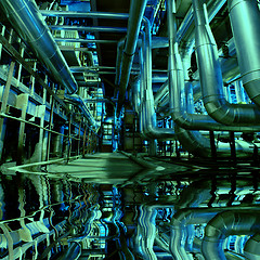 Image showing Pipes, tubes, machinery and steam turbine at a power plant