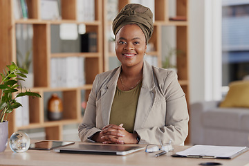 Image showing Black woman, working in business and portrait with a smile in office, workplace or lawyer in corporate company with legal advice. Happy, success and confidence of attorney or employee at desk