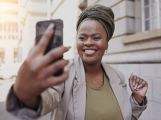 Image showing Smile, business selfie and black woman in city taking a photo for profile picture, memory or social media. African professional, happy and photography outdoor on street to post on an influencer blog.