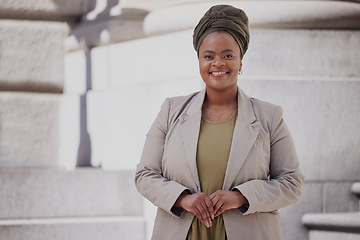 Image showing Happiness, lawyer and black woman in city with confidence or vision for empowerment. Portrait, positive and african female attorney with smile for career in outside courtroom for justice as attorney.