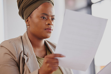 Image showing Lawyer, contract or black woman reading documents, notes or will policy for analysis or review in office. Learning, person or attorney with paperwork forms or legal agreement with deal or feedback