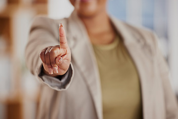 Image showing Digital interface, finger and business woman with hand gesture for hud, ui and biometrics tech. Corporate, professional and person touch for communication, internet and networking choice in office.