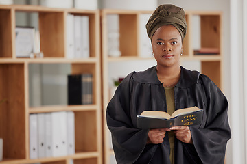 Image showing Portrait, black woman or lawyer with book, constitution research or education in law firm office. Justice, advocate or proud African attorney with knowledge, empowerment or info for legal agency