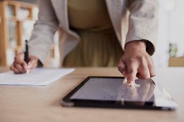 Image showing Hand, tablet and fingerprint with a business woman in her office to access a secure database of information. Technology, password or biometrics with a female employee working on documents at her desk