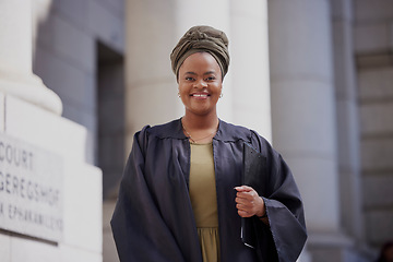 Image showing Black woman, portrait and judge at the court for justice, empowerment and confidence of leader in law, jury or success in case. Happy, African lawyer and working at office, building or courthouse