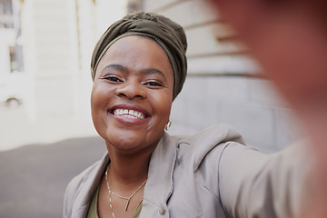 Image showing Face, business selfie and black woman in city taking a photo for profile picture, happy memory or social media. African professional, smile or portrait outdoor on street to post on an influencer blog