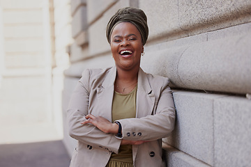 Image showing Portrait, lawyer and confident in city with black woman at courtroom with motivation for career. Success, happiness and crossed arms with female attorney for job as advocate for justice with vision.