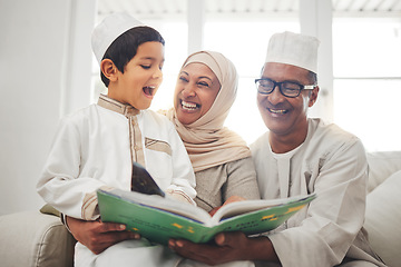 Image showing Happy family, Muslim parents or child reading book for learning, Islamic knowledge or studying Allah. Support, funny father or Arabic mom laughing or teaching kid worship, prayer or religion at home