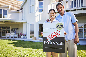 Image showing New house, sold sign or happy couple portrait with dream home choice, real estate and property purchase, sale or opportunity. Mortgage, homeowner smile or outdoor people with relocation success board