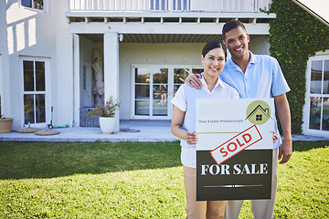 Image showing New home, sold sign and happy couple portrait for house, real estate and property purchase, sale or investment. Mortgage, people hug and outdoor woman, man or homeowner embrace for relocation