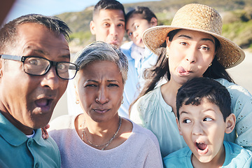 Image showing Selfie, funny and portrait with family on vacation for bonding with children in summer in outdoor. Face, love and silly with kids or parents and senior people on holiday for quality time on beach.