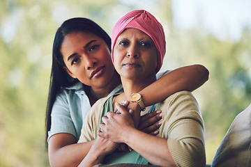 Image showing Portrait of mother with cancer, adult daughter in garden and support, love and care in family relationship. Kindness, woman with mom in chemotherapy rehab and hug for courage, hope and healthcare.