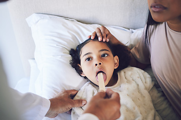 Image showing Doctor, exam and sick child with mother in a bedroom for a consultation, health check or help. Morning, house and a medic with inspection of a girl kid for healthcare, throat or mouth flu with a mom