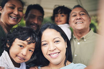 Image showing Face, selfie and big family smile outdoor taking photo for happy memory, social media or profile picture. Portrait, grandparents and mother, father and children, bonding and enjoying quality time.