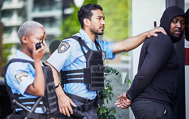 Image showing Police, arrest and criminal outdoor, justice and legal with power struggle, crime and walkie talkie. Officer, suspect in a street or professional law enforcement with a man, downtown, jail or service