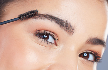 Image showing Eyebrow brush, portrait and eyes of woman apply makeup for brow grooming, hair growth or facial cosmetics. Salon skincare closeup, beauty spa dermatology and female model face with self care results