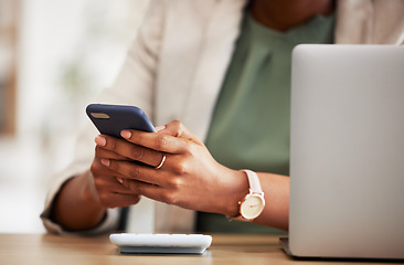 Image showing Finance, calculator and phone with hands of person in office for payment, investment and accounting. Business, economy and budget with closeup of employee for balance, analysis and salary