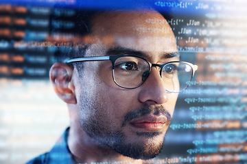 Image showing Asian man, face and programming at night with overlay or dashboard of code, malware or software at office. Male person, coder or programmer working late in development, problem solving or algorithm