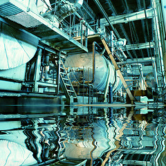 Image showing Pipes, tubes, machinery and steam turbine at a power plant with 