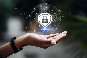Image showing Hologram, hand and person with cyber security, lock and data protection with internet connection, futuristic and gdpr. Closeup, human and holographic with technology, global and symbol with software