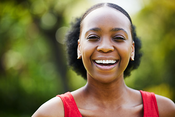 Image showing Portrait, smile and black woman in park, outdoor and garden with natural confidence, good mood and freedom in Nigeria. Face, happy african female person and laughing in summer or relax in nature