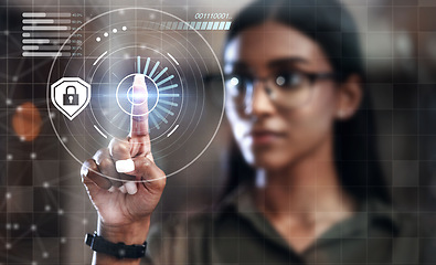 Image showing Woman, fingerprint scan and biometrics for futuristic cyber security on hologram or dashboard hud at office. Hand of female person in recognition for digital access, identification or verification