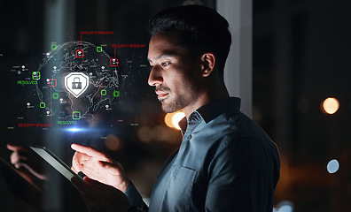 Image showing Cyber security, hacker man and tablet with hologram and safety lock icon for network, information or data. Person with technology for privacy, antivirus or hacking and access control shield at night