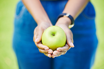 Image showing Woman, hands and apple for natural nutrition, diet or food in health and wellness in nature outdoors. Closeup of person holding green organic fruit in palm for sustainability, vitamin or fiber meal