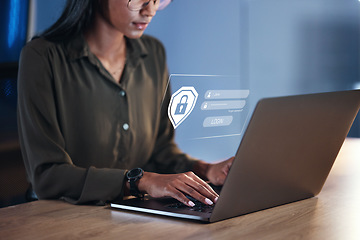 Image showing Woman, laptop and security for username, password or encryption on office desk at workplace. Hands of female person or employee with Lock Screen hud for login access, verification or identification