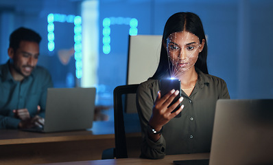 Image showing Woman, phone with facial recognition and futuristic biometric cybersecurity, id or scan face for mobile safety. Smartphone, businesswoman and hologram technology for access control or protection