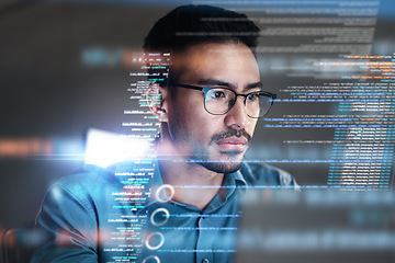 Image showing Programming coding and man with focus, hologram and trading with cyber security, futuristic and research. Male person, investor and employee with data analysis, server or investment with website info