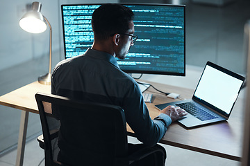 Image showing Man, night and coding in office, computer or blank screen for mockup space with html, programming or web design. Tech expert, information technology or developer with typing, laptop or dark workplace