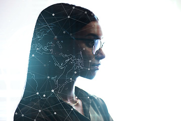 Image showing Tech, cybersecurity or facial recognition of a woman user with biometric identification for network access. Face scan id, virtual reality or hologram of an indian person with futuristic communication