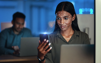 Image showing Futuristic, woman with phone and biometric facial recognition for cybersecurity, id or scan face for mobile safety. Smartphone, businesswoman and hologram technology for access control or protection