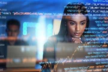 Image showing Programmer, code and woman with focus, holographic and digital software with cyber security, futuristic and coding. Female person, coder and employee with data analysis, research and concentration