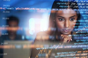 Image showing Programming, code and woman with focus, hologram and digital software with cyber security, futuristic and website development. Female person, coder or trader with data analysis, research or analytics