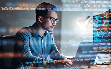 Image showing Programming, code and man with focus, hologram and digital software with cyber security, trading and online reading. Male person, coder and employee with investment, research and check stock market