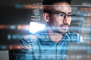 Image showing Programmer, coding and man with focus, hologram and data analytics with cyber security, futuristic and stock market. Male person, coder or programming with innovation, research or finance information