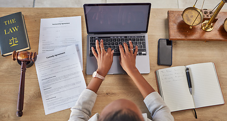 Image showing Lawyer, working hands and custody agreement typing with attorney case and notes in a office. Desk, top view and law firm with planning and paperwork for report and family child support document