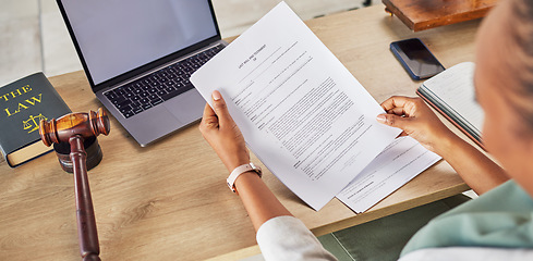 Image showing Woman, hands and lawyer reading will or documents for court judge or justice on office desk above. Notary person or attorney checking paperwork or testament for law agreement or legal advice on table