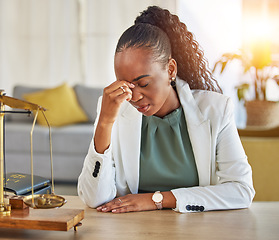 Image showing Stress, headache and black woman lawyer with fail on case with mistake in a office. Frustrated, professional and law firm with a African female worker with attorney problem and burnout from job