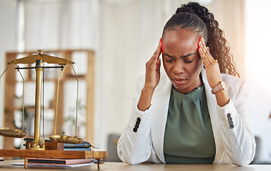 Image showing Stress, headache with black woman and lawyer with fail on case frustrated in office. Business, professional and law firm employee with African female worker with attorney and burnout from job mistake