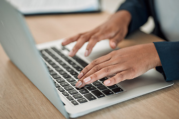 Image showing Hands, typing on laptop and person working on market research on startup, project or networking in email or communication. Computer, keyboard and employee writing a proposal or planning a strategy