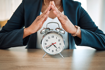 Image showing Hands, clock and insurance with a woman broker in her office for life cover or future security. Investment, retirement and hand gesture with a female agent or advisor at work for time management