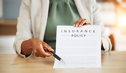 Image showing Insurance policy, hand and consultant with agreement in office for investment with finance. Document, retirement and agent with financial advisor for deal with planning for future or contract.