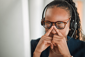 Image showing Call center stress, eye strain or black woman with headache pain due to burnout fatigue in a telecom office. Anxiety, glasses or tired consultant depressed or frustrated by long hours or migraine